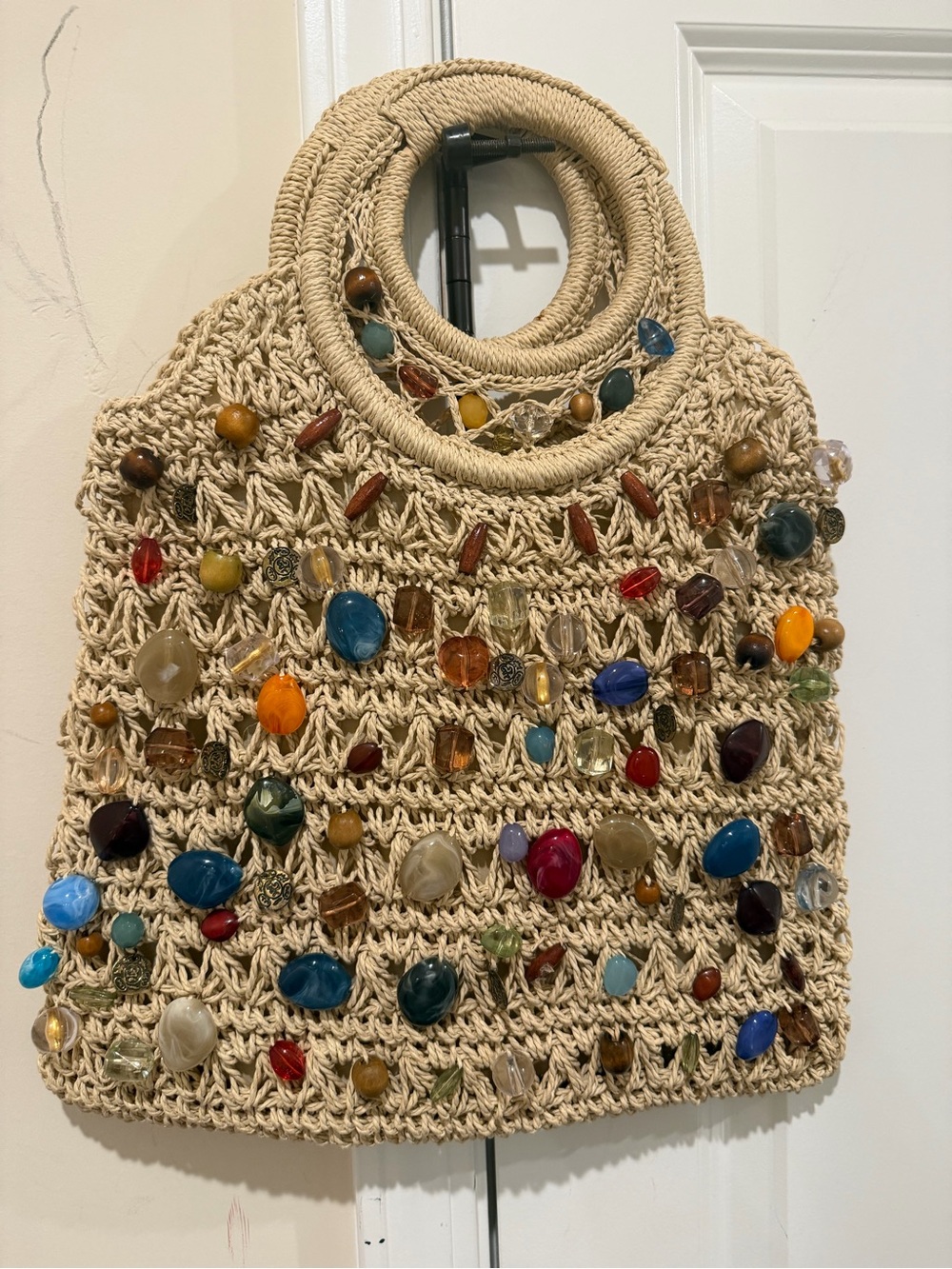 CAPPELLI of N.Y.Straw World wicker bag NWOT colorful jewel/beaded handlesi